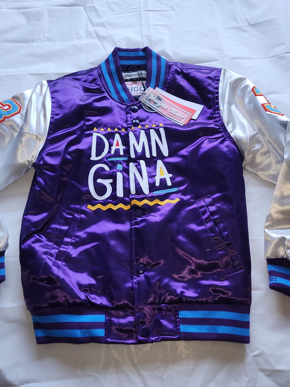 Nostalgia Purple Satin Bomber Jacket with Silver Sleeves